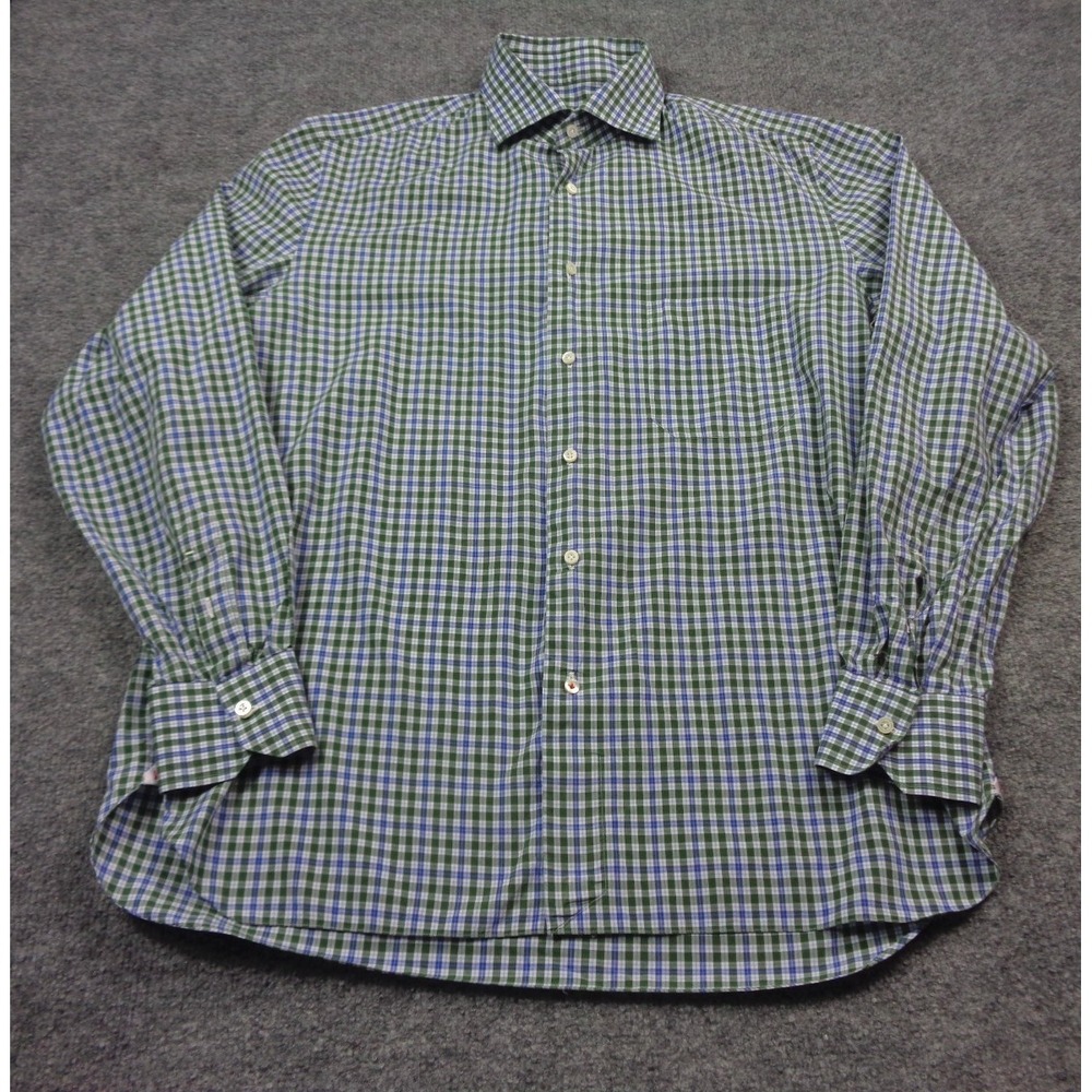 Isaia Napoli Dress Shirt Men's 16.5 / 42 Blue Green Plaid Long Sleeve Italy